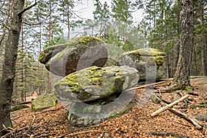 Wackelstein near Thurmansbang megalith granite rock formation in winter in bavarian forest, Germany