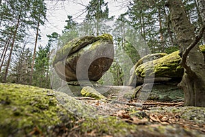 Wackelstein near Thurmansbang megalith granite rock formation in winter in bavarian forest, Germany