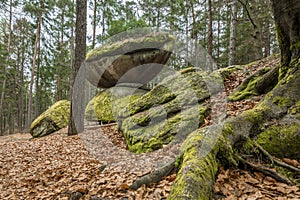 Wackelstein near Thurmansbang megalith granite rock formation in winter in bavarian forest, Germany