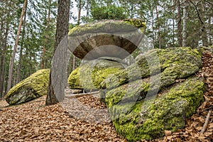 Wackelstein near Thurmansbang megalith granite rock formation in winter in bavarian forest, Germany