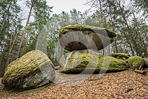 Wackelstein near Thurmansbang megalith granite rock formation in winter in bavarian forest, Germany