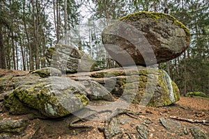 Wackelstein near Thurmansbang megalith granite rock formation in winter in bavarian forest, Germany