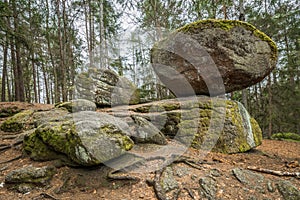 Wackelstein near Thurmansbang megalith granite rock formation in winter in bavarian forest, Germany