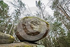 Wackelstein near Thurmansbang megalith granite rock formation in winter in bavarian forest, Germany