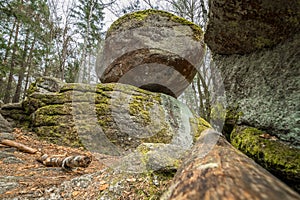 Wackelstein near Thurmansbang megalith granite rock formation in winter in bavarian forest, Germany