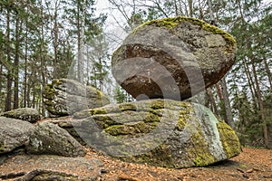 Wackelstein near Thurmansbang megalith granite rock formation in winter in bavarian forest, Germany