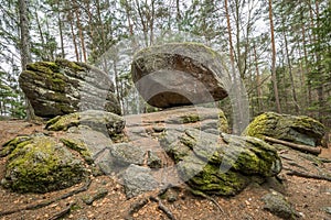 Wackelstein near Thurmansbang megalith granite rock formation in winter in bavarian forest, Germany