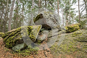 Wackelstein near Thurmansbang megalith granite rock formation in winter in bavarian forest, Germany