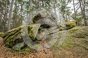 Wackelstein near Thurmansbang megalith granite rock formation in winter in bavarian forest, Germany