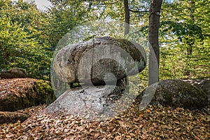 Wackelstein wobble rock cult place near Regenstauf in the Upper Palatinate near Regensburg in the forest with chain to pull and wi