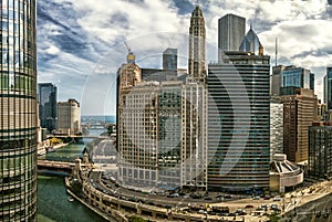Wacker Drive at Wabash Street. Chicago River and cityscape. Chic photo