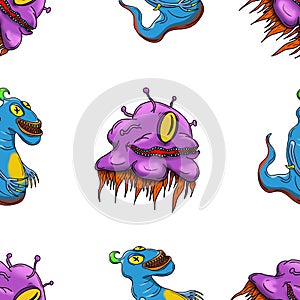 Wacky, Crazy space alien or monster cartoon. Seemless Pattern. Computer graphic comic original illustration