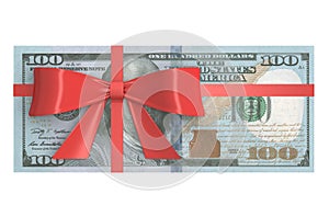 Wad of 100 Dollars banknotes with red bow, gift concept. 3D