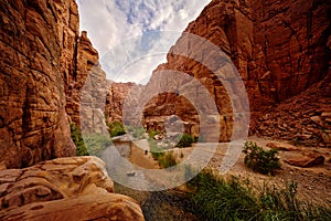 Wadi Mujib Biosphere Reserve, red rock ravine gorge with river. Jordan water stream with blue sky. Wadi Mujib lowest nature