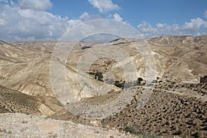 Wadi Qelt in Judean desert near Jericho, nature, stone, rock and oasis. Unseen, unknown, unexplored places, hidden travel