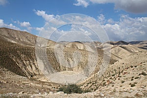 Wadi Qelt in Judean desert near Jericho, nature, stone, rock and oasis. Unseen, unknown, unexplored places, hidden travel