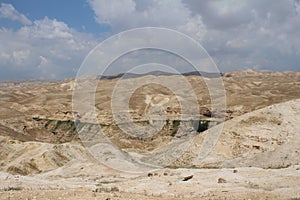 Wadi Qelt in Judean desert near Jericho, nature, stone, rock and oasis. Unseen, unknown, unexplored places, hidden travel