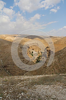 Wadi Qelt in Judean desert near Jericho, nature, stone, rock and oasis. Unseen, unknown, unexplored places, hidden travel