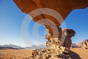 Wadi Ram desert stone. Rock arch. Jordan landmark