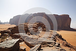 Wadi Rum desert in Jordan. Beautiful rocky landscape and orange sand