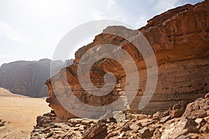 Wadi Rum desert in Jordan. Beautiful rocky landscape and sand