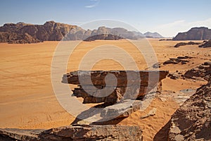 Wadi Rum desert in Jordan. Red Mars landscape, red sand and rocky mountains