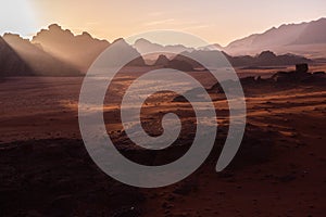 Wadi Rum Desert in Jordan. On the Sunset. Panorama of beautiful sand pattern on the dune. Desert landscape in Jordan.