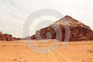 Wadi Rum desert panorama with dunes, mountains and sand, Jordan