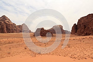 Wadi Rum desert panorama with dunes, mountains and sand, Jordan