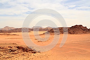 Wadi Rum desert panorama with dunes, mountains and sand that looks like planet Mars surface, Jordan