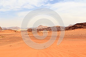 Wadi Rum desert panorama with dunes, mountains and sand that looks like planet Mars surface, Jordan