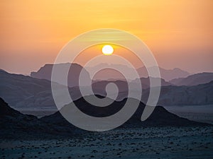 Wadi Rum desert sunset, aka Valley of the Moon, dawn Jordan, Middle East