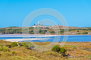 Wadjemup lighthouse over saline lakes at Rottnest island in Australia