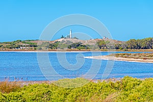 Wadjemup lighthouse over saline lakes at Rottnest island in Australia