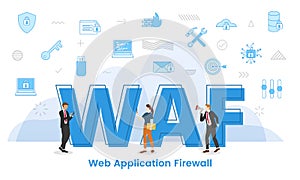 Waf web application firewall concept with big words and people surrounded by related icon with blue color style