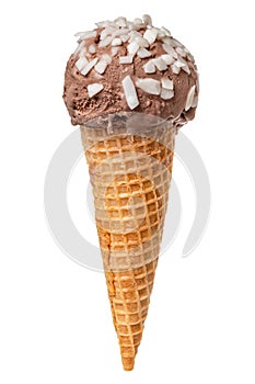 Wafer cup with chocolate scoop of ice cream and white chocolate