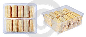 Wafer rolls in a plastic container, isolate on a white background in various angles.