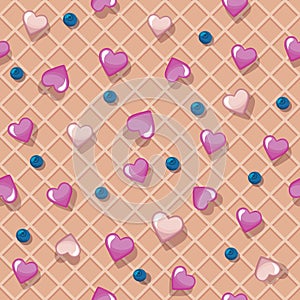 Wafer seamless pattern decorated with hearts and berries. Sweet cartoon background. Vector