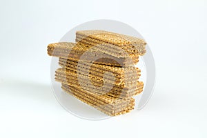 Wafers with chocolate on white background.