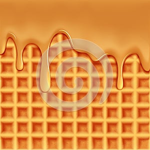 Waffle background with caramel cream, liquid sweet caramel topping