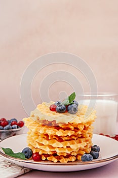 Waffle with blueberry berry and glass of milk, vertical card with sweet dessert still life