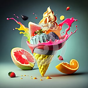 Waffle cone with colorful ice cream and flying tasty fresh fruits, made with generative ai