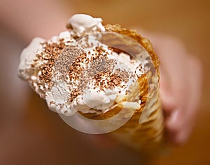 Waffle cone with ice cream and chocolate chips