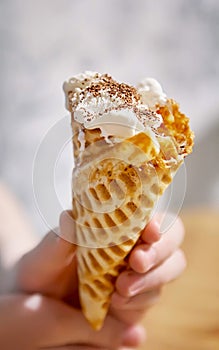 Waffle cone with ice cream and chocolate chips