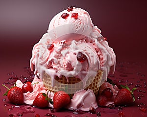 a waffle cone with ice cream and strawberries on a red background