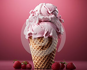 a waffle cone with pink ice cream and strawberries