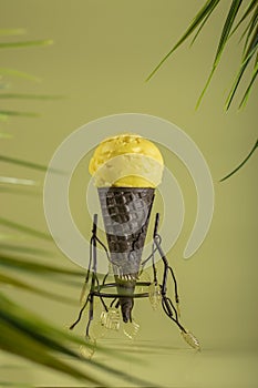 Waffle cone with a scoop of homemade yellow fruit ice cream on a light background. Natural product