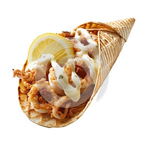 Waffle cone with tasty seafood and lemon isolated on transparent background. closeup.