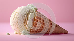 Waffle cone with vanilla ice-cream on pink background with copyspace.