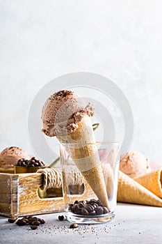 Waffle cones with coffee ice cream